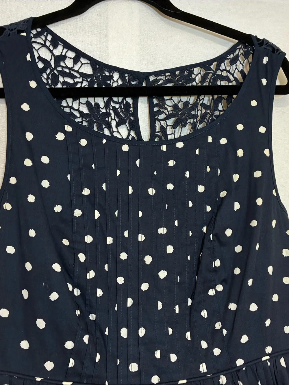 Moulinette Soeurs Polka Dot Fit and Flare Dress Lace Overlay Cotton Size 8 retro